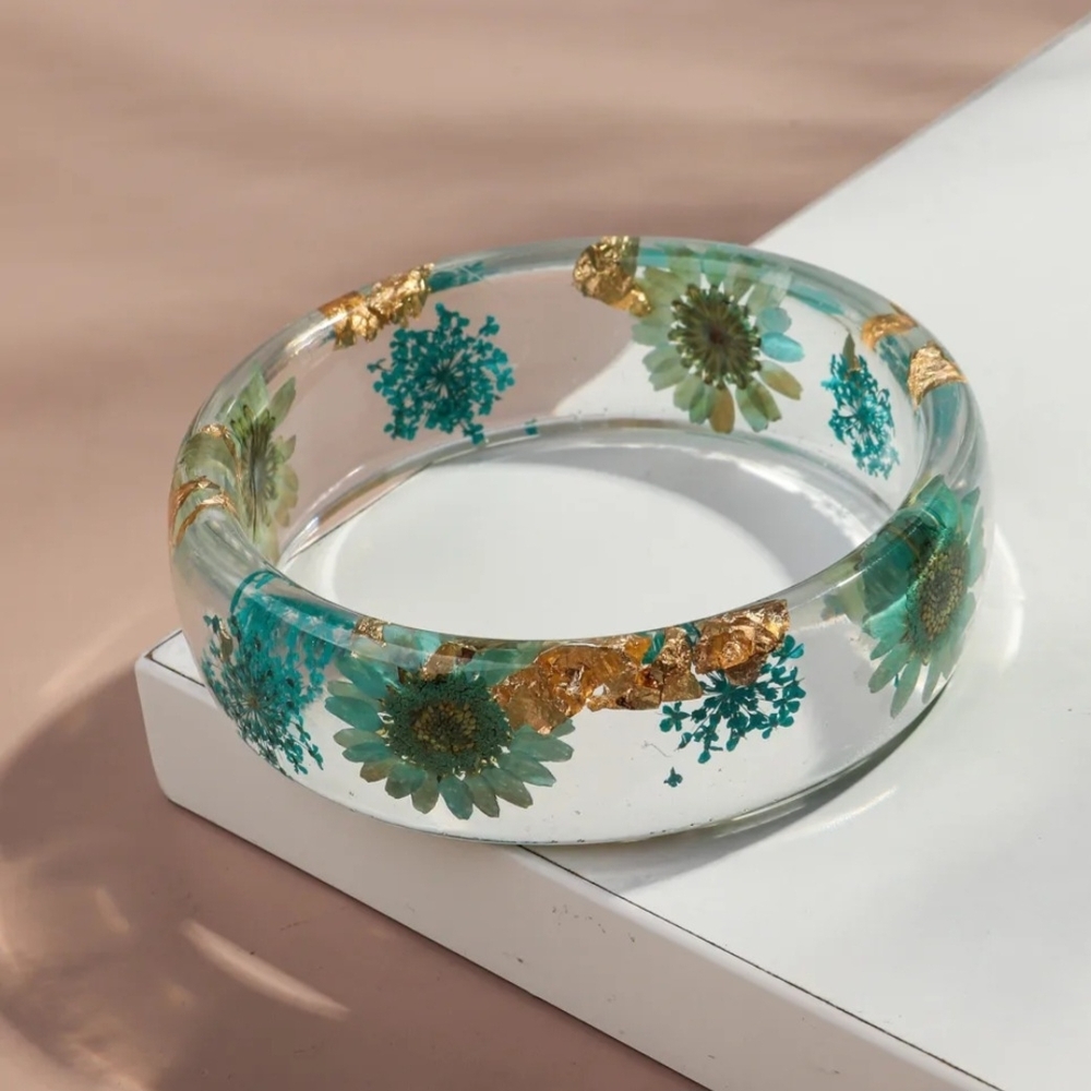 Botanical Resin Bangle Bracelet Blue Yellow Teal Red - Picture 9 of 17